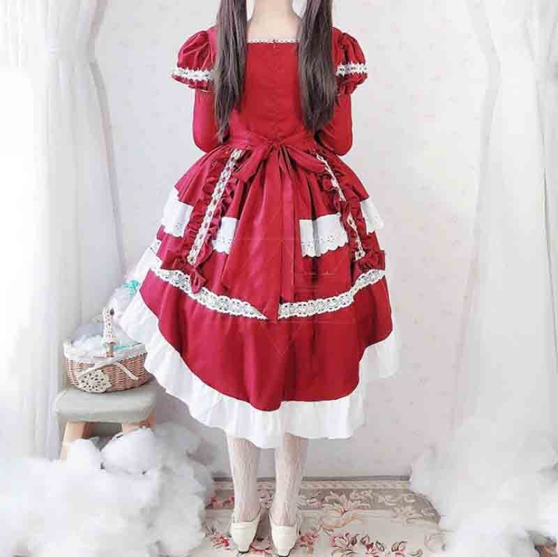 Vestido Lolita gótico para chicas, vestido Lolita de manga larga extraíble, disfraz de sirvienta para mujer, disfraz de Lolita roja para mujeres y niñas de talla grande