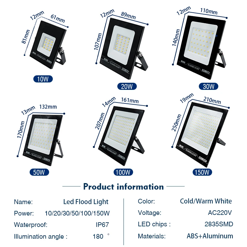 ledet-flomlys 20w 30w 50w 100w 150w 220v reflektor søkelyset gatelys vegglampe  ip67 vanntett utendørs hagebelysning