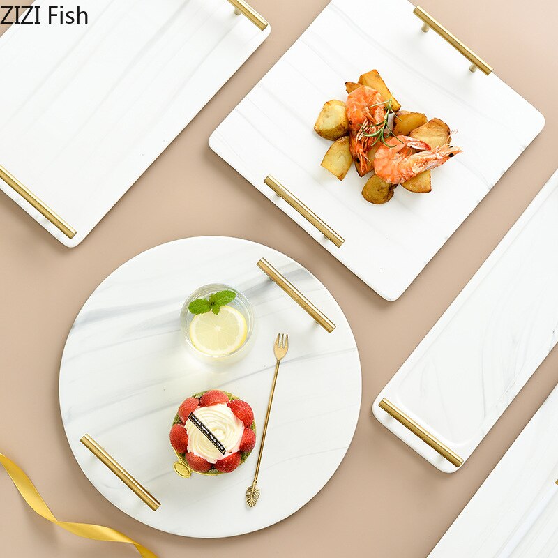 Bandeja de cerámica moderna de mármol dorado para restaurante, bandeja creativa para Sushi, plato de postre para desayuno en casa, accesorios de decoración para el hogar