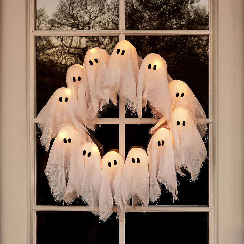 Glödande halloween-dekoration led-spökljus lysande spökkrans utomhusväggdekor kuslig ytterdörrhängande dekor