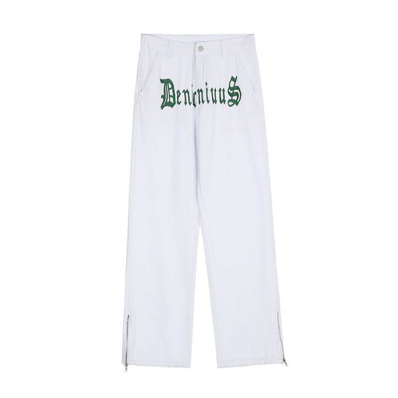 Men and Women Ripped Washed Streetwear Loose Oversized Jeans Pants Ankle Zipper Letter Embroidery Straight Casual Denim Trousers: WHITE / AsianS