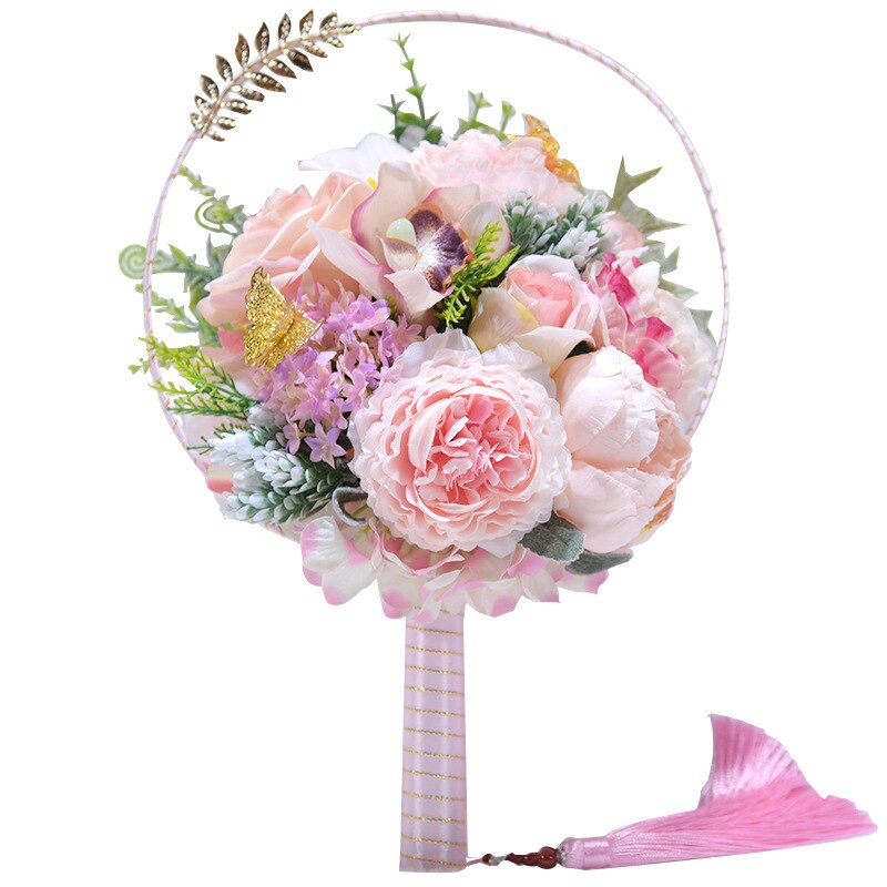 JaneVini Romantic Chinese Red/Pink Wedding Fan Bouquets Artificial Silk Roses with Metal Leaves Bridal Round Hand Fan Flowers: Pink