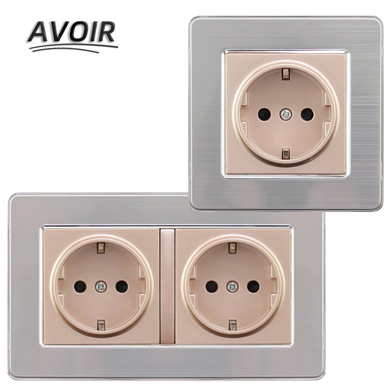 Avoir EU/DE/RU Standard Plug Socket Power Stainless Steel Panel Grounding Socket 146mm*86mm Double Plug Electrical Outlet