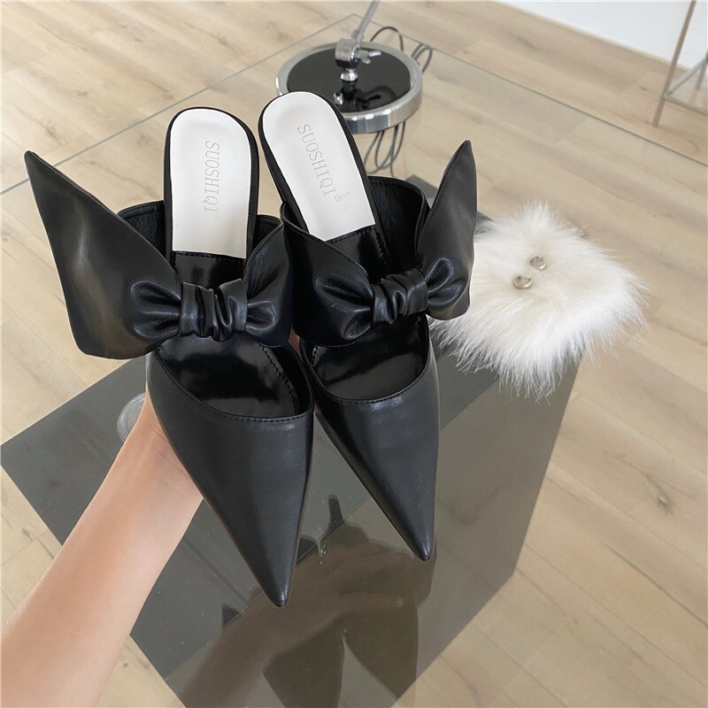 Kvinner slides tøfler spiss tå slip on tynne høye hæler tøfler bue muldyr sko slides flip flops pump