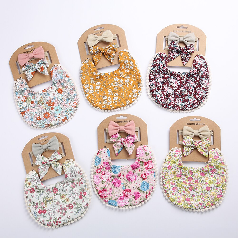 Conjunto de Baberos con diadema para bebé, toalla con borla para Saliva, Bandana con estampado Floral, lavable, paño para eructar, alimentación de bebé, 3 unids/set