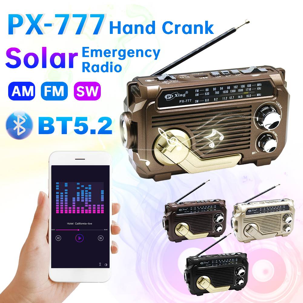 Radio de emergencia con manivela de PX-777, Radio portátil con energía Solar, banda AM/FM/SW con linterna LED, altavoz BT para emergencias