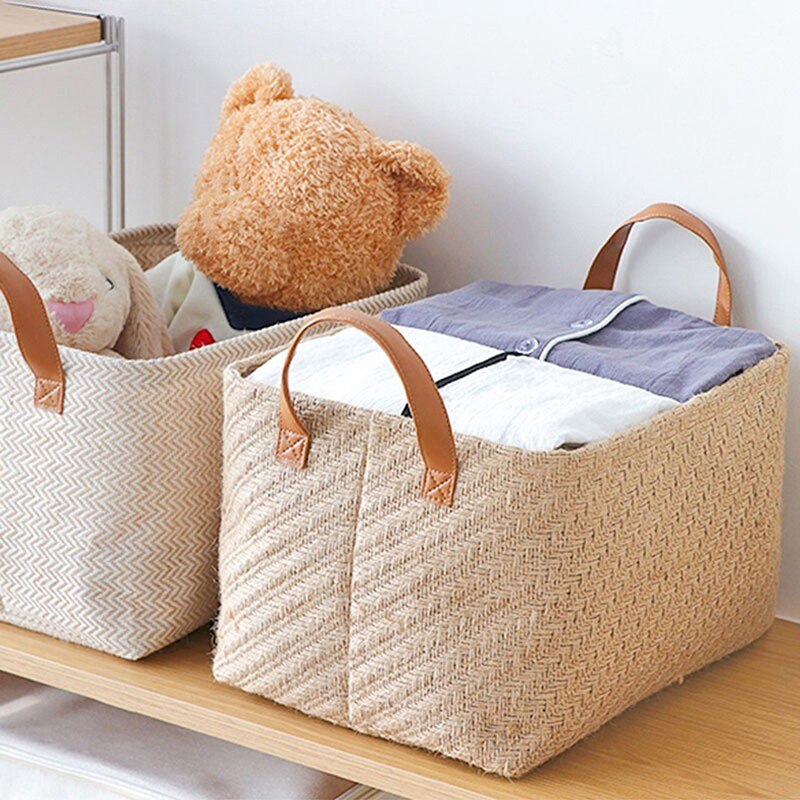 Foldable Jute Storage Basket Rectangle Storage Baskets with Handle Home Toys Sundries Organizer Washable Laundry Container