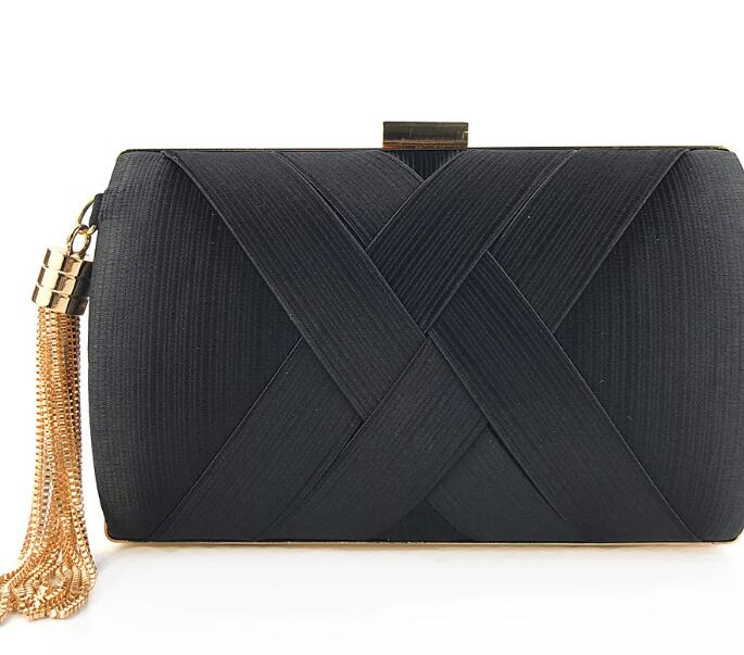 Hand holding dinner bag satin fringed dress bridal evening bag: Black