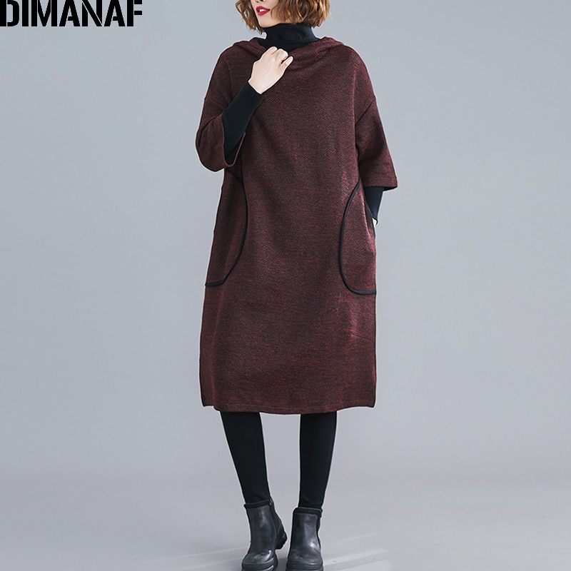 DIMANAF Plus Size Vrouwen Jurk Vintage Herfst Winter Dikke Oversized Losse Vrouwelijke Vestidos Casual Capuchon Zakken Knielange Jurk