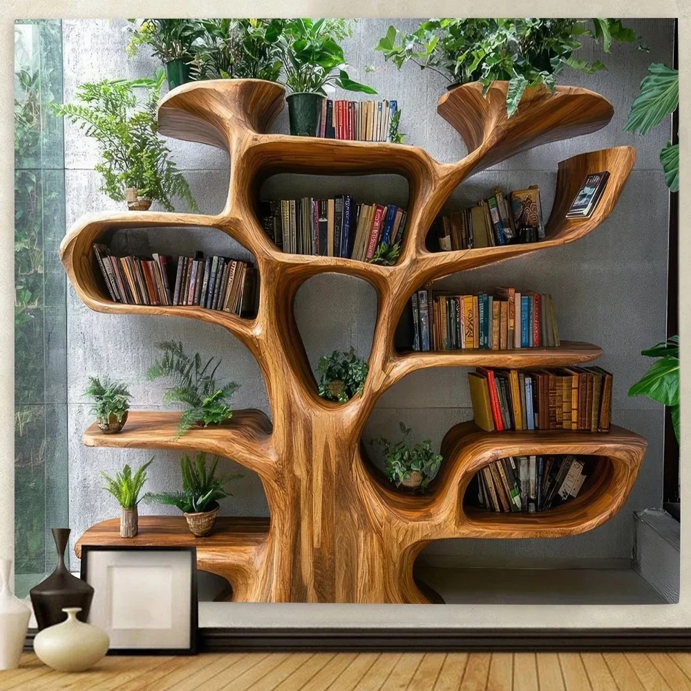 Tree Bookshelf Wall Hanging Multiple Sizes 2D Print Nordic Plants Study Decor 100 Polyester Machine Wash Tranquil Feel