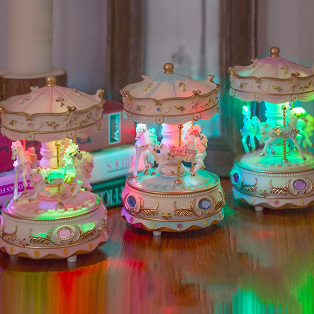 Resin Decor Valentine's Day Music Box Home Swivel Craft Handwork Clockwork Mechanism Kid Luxury Carousel Toys Birthday LED Light