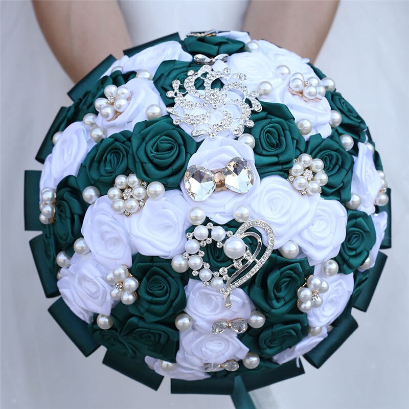 JaneVini – Bouquet de fleurs de mariage, Vintage, vert foncé, perle, ruban de Rose en Satin blanc, cristal, pour les mariées,: Dark Green and White