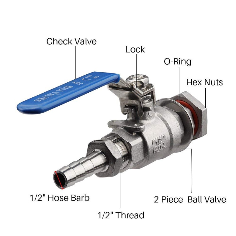 Beer Ball Valve,1/2’’ BSP Weldless Bulkhead Fitting with 12mm Barb, Sanitary Full Port SS Brewing Fermentation Kettle Valve