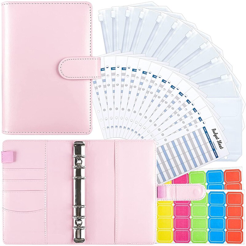 A6 PU Leather Binder Cover with Binder Pockets, Expense Budget Sheets and Labels for Budget Organizer Envelopes: Pink