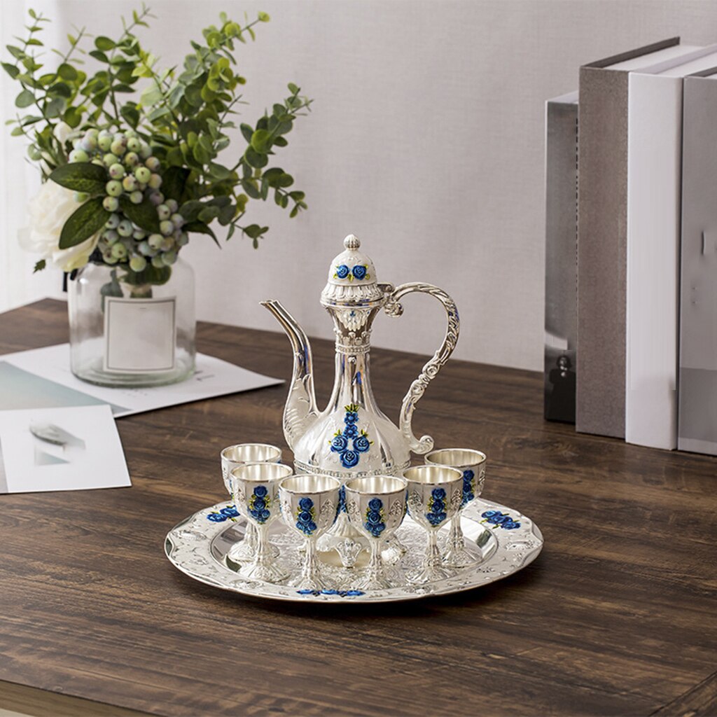 1 Set European Wine Set Home Wedding Drinkware Metal Hip Flask Set Ornaments Retro Palace Wine Cups Wine Pot Bottle Serving Tray: Silver Blue Rose