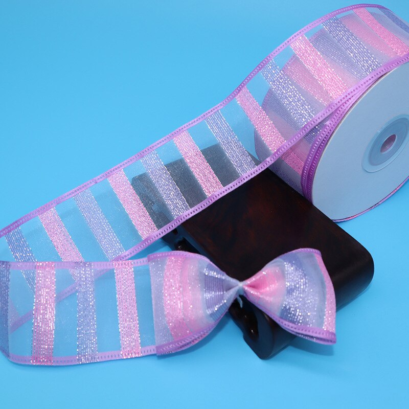 5 meter/mye 38mm regnbuestriper bilateralt blomst gjennomsiktig organzabånd til gjør-det-selv-håndverk tilbehør bryllupsdekor: 10