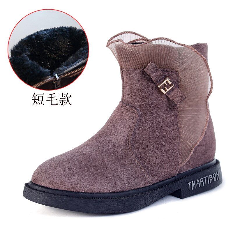 Leder freundlicher Martin Stiefel Prinzessin Spitze trimmen Stiefel Mädchen Schnee Schuhe Warme Pelz freundlicher Stiefeletten Kleinkind Mädchen: khaki / 29