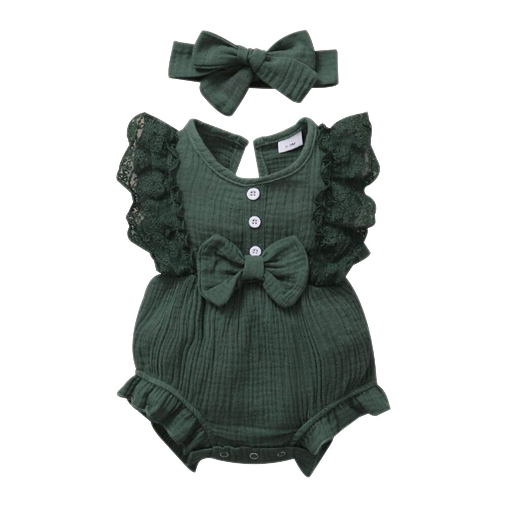 Baywell – body à volants en dentelle pour bébés filles, joli nœud papillon + bandeau en coton et lin, combinaisons sans manches pour nourrissons, vêtements doux pour tout-petits: G / 3-6 Months