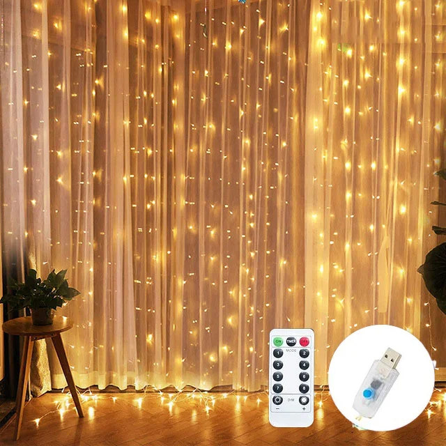 Guirnalda de cortina LED de 3/6M en la ventana, guirnaldas de luces alimentadas por USB con control remoto, guirnalda de luces Led de Año , decoración navideña: Azul / 650 W