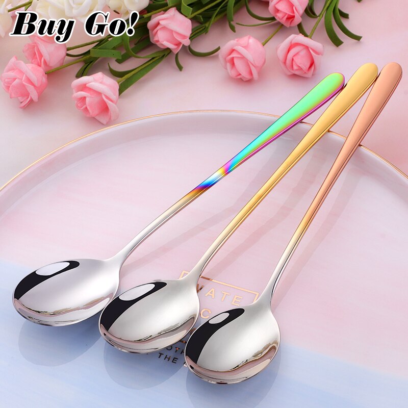 Korean Style Stainless Steel Spoon Long Handle Ice Cream Coffee Dessert Tea Spoon Stirring Spoon Teaspoons Kitchen Tool