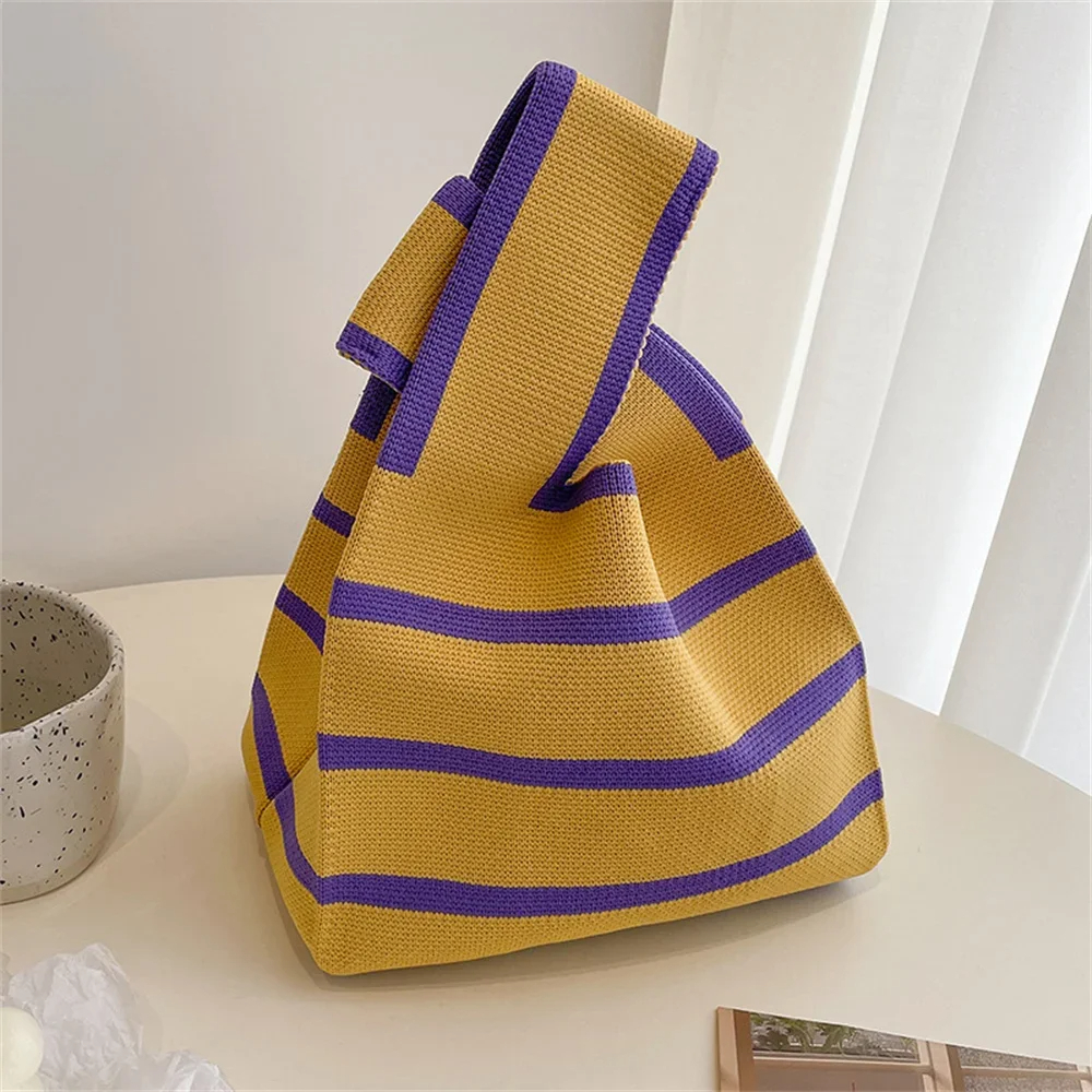 Bolso pequeño tejido hecho a mano para mujer, bolso de muñeca informal, bolso de compras a rayas anchas, Mini bolso de hombro reutilizable para estudiante, 1 ud.