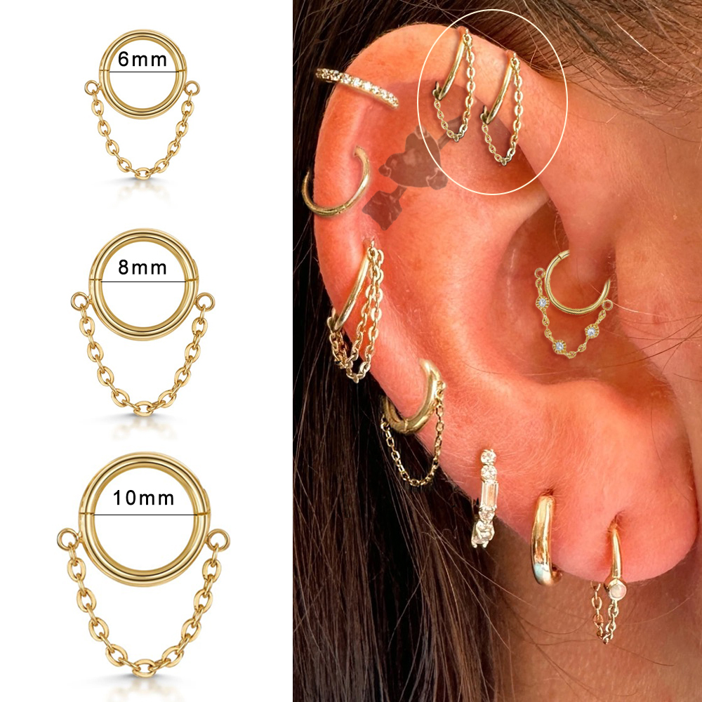 1Pc Roestvrij Staal Eenvoudige Septum Piercing Neus Ringen Vrouwen Oorringen Met Ketting Goud Kleur Tragus Toren Oor Piercing Sieraden: WHITE / Licht Geel Goud Kleur