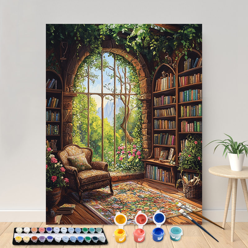 Painting By Numbers The Quiet Library Acrylic Paint Canvas Portrait Family Children Photo Christmas: army green / 30x40cm