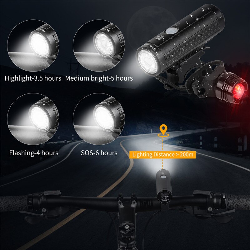 West Fietsen 2000Mah 350LM Fiets Licht Waterdicht Anti-Glare Mtb Fiets Lamp Usb Oplaadbare Led Fietsen Koplamp Achterlicht