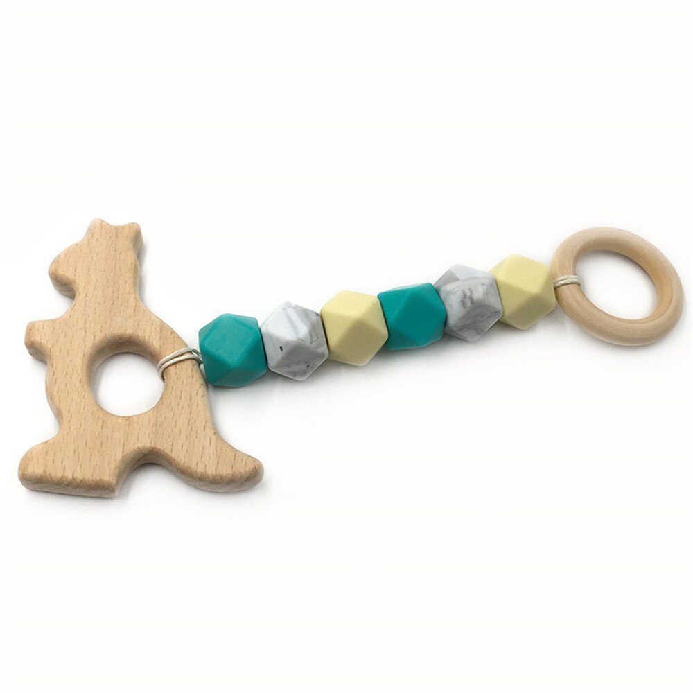 Mordedor de madera para bebé, juguete con cuentas de dentición con de ganchillo de zorro, erizo, elefante, pájaro, juguete para niños, pulsera con cadena para dentición: 3
