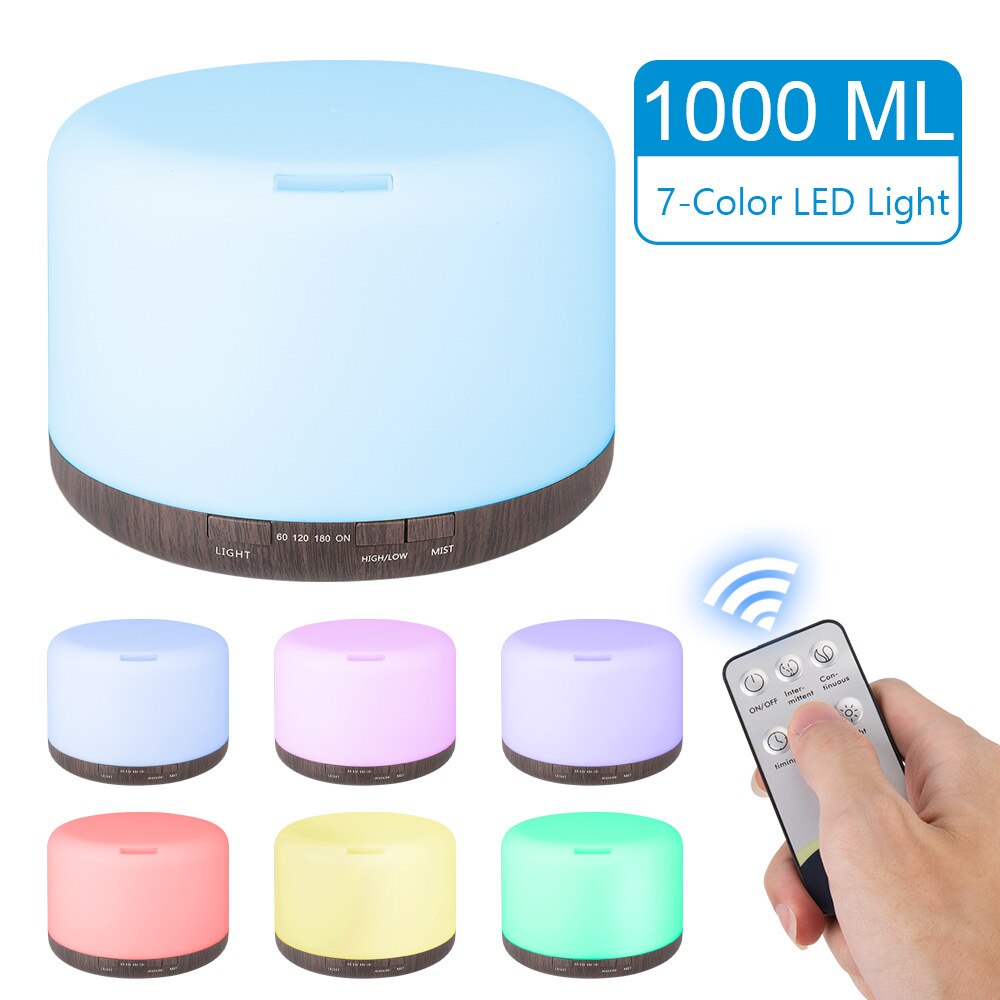 1000Ml Aroma Diffuser Ultrasone Luchtbevochtiger Aromatherapie Essentiële Olie Mist Maker Met Afstandsbediening Nachtlampje Voor Thuis: 1L Dark Wood Grain / uk
