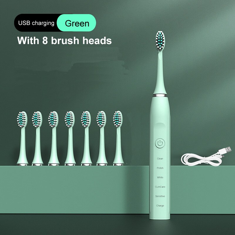 gollinio Sonic Electric Toothbrush Adult Timer Brush 5 Mode USB Charger Rechargeable Tooth Brushes Replacement Heads Set GL12A: GL12Green8H