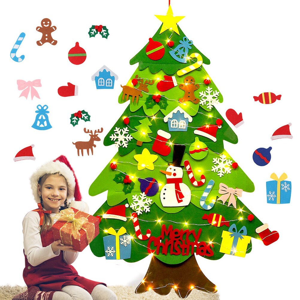 Gør-det-selv filt juletræ med snor lys børnelegetøj kunstigt træ vægophængning ornamenter juledekoration til hjemmet: Default Title