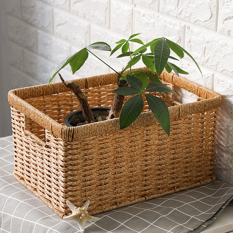 Strong Rectangle Woven Storage Basket with Handles, Waterproof Plastic Baskets for Home Toy Storage, Nest