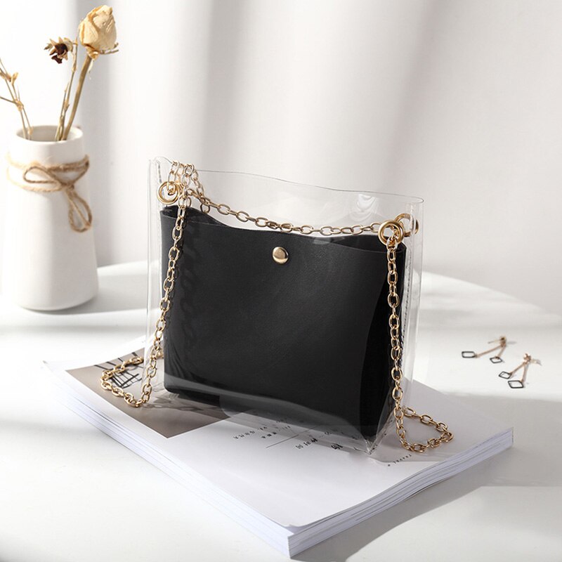 Women Composite Bags Transparent Shoulder Bag Metal Chain Magnetic Buckle PU Purse SER88: Black