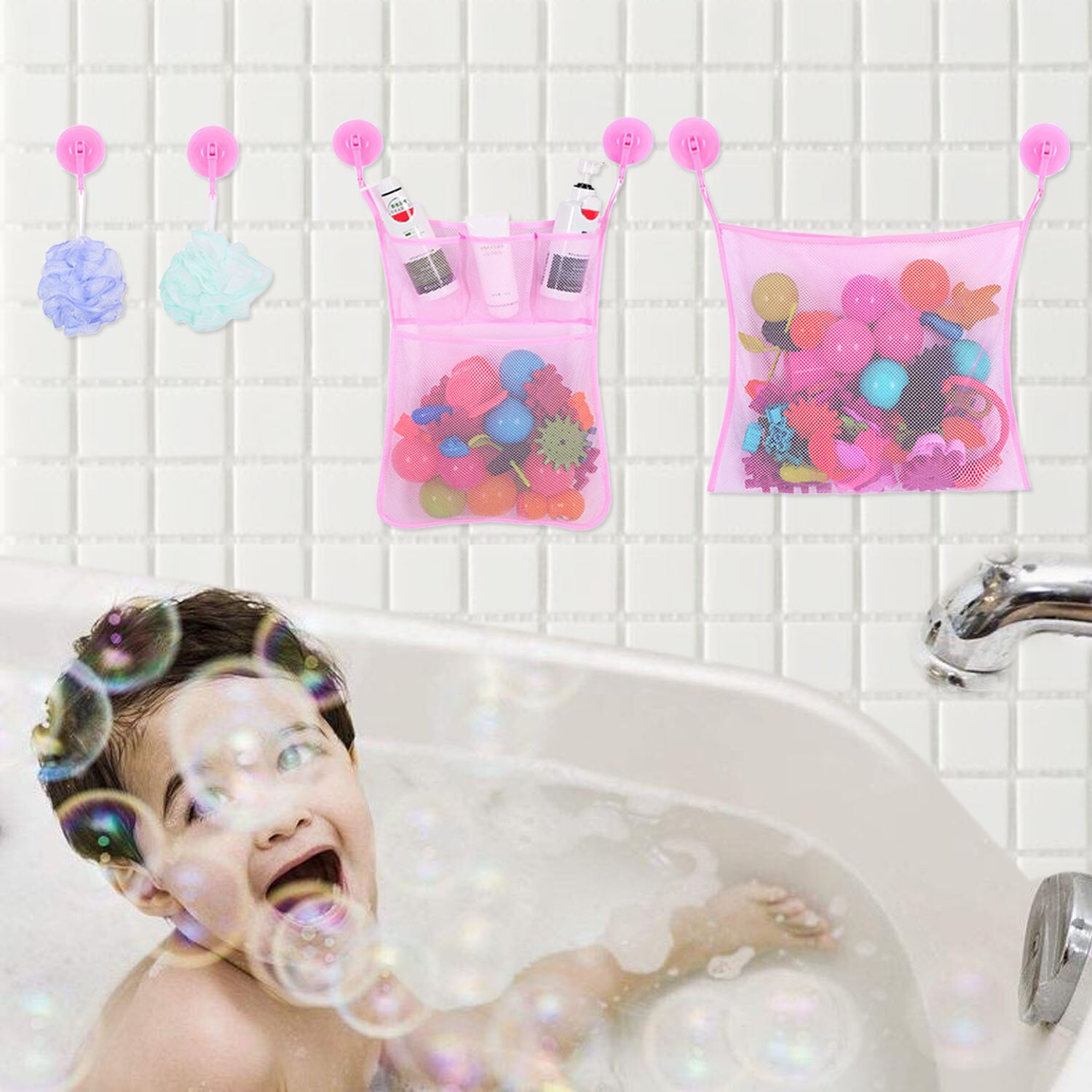 Behogar 2cps siatka łazienka uchwyt na zabawki organizator kąpieli wanna kuchnia wiszące przechowywania torba siatkowa prysznic Cubby z 6 sztuk przyssawki