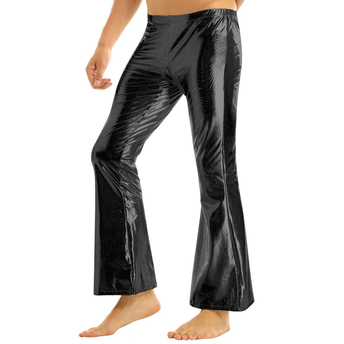 Iefiel voksen herre club wear skinnende metalliske disco bukser med klokkebund, flåede lange bukser dude kostume festbukser