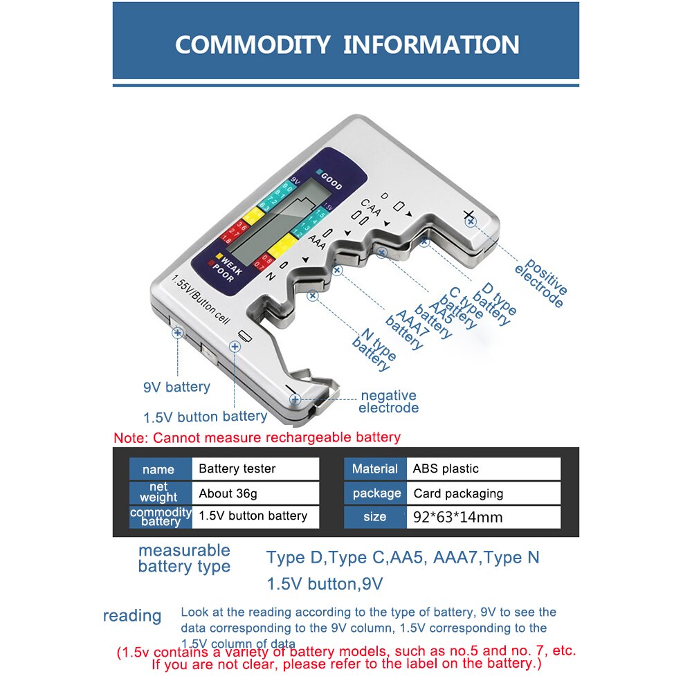 Digital Battery Tester Battery Capacity Detector For C/D/9V/AA/AAA/1.5V Lithium Battery Power Supply Measuring Instrument