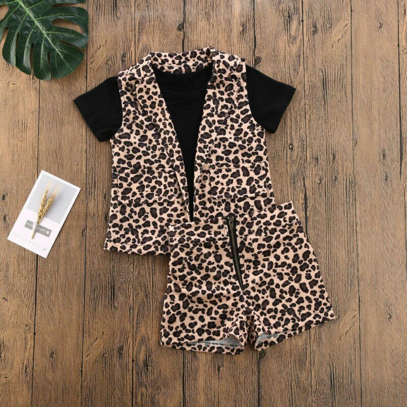 Barn baby flicka kläder leopard 3 st sommardräkter svarta toppar västar shorts barn flicka uppsättningar kläder 1-6y