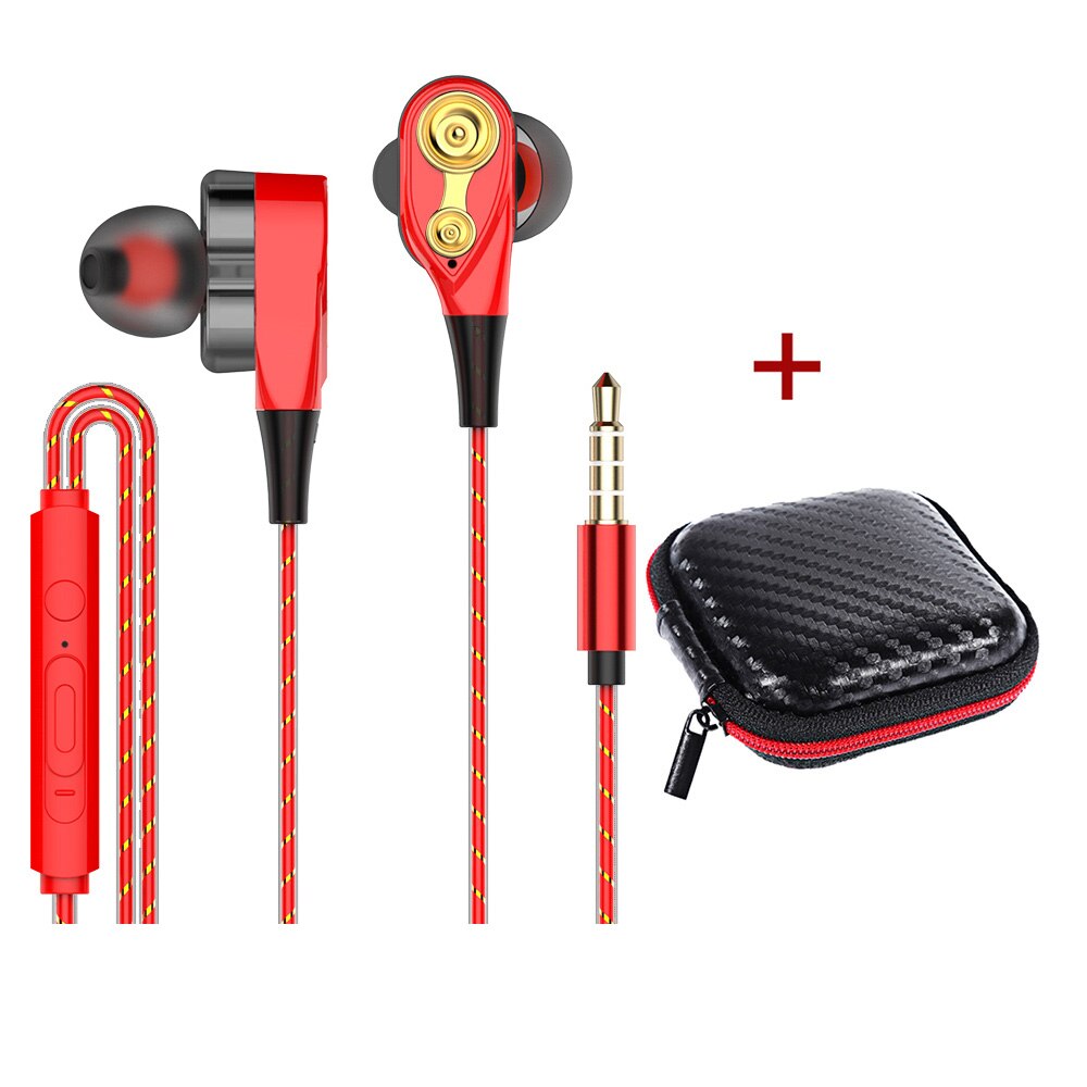 Wired Hoofdtelefoon Hoge Bass Headsets Sport Oordopjes Dual Drive Stereo In-Ear Wired Oortelefoon Met Microfoon Oordopjes Voor Telefoon: Red set