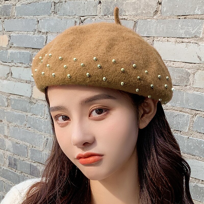 Femmes bérets métal clou perceuse laine couleur unie chapeaux femme Bonnet casquettes dames automne hiver marche chapeau Casquette: Kaki