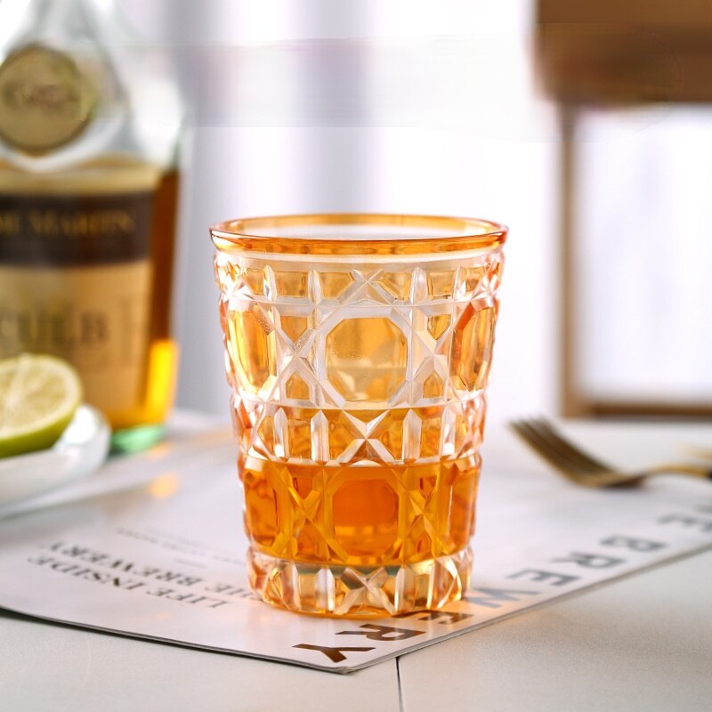 380ml European Whiskey Glass Starry Sky Cup Handmade Crystal Carved Drinkware Bar Supplies Beer Water Cup Drinking Wine Glasses: Orange 380ml-1pc