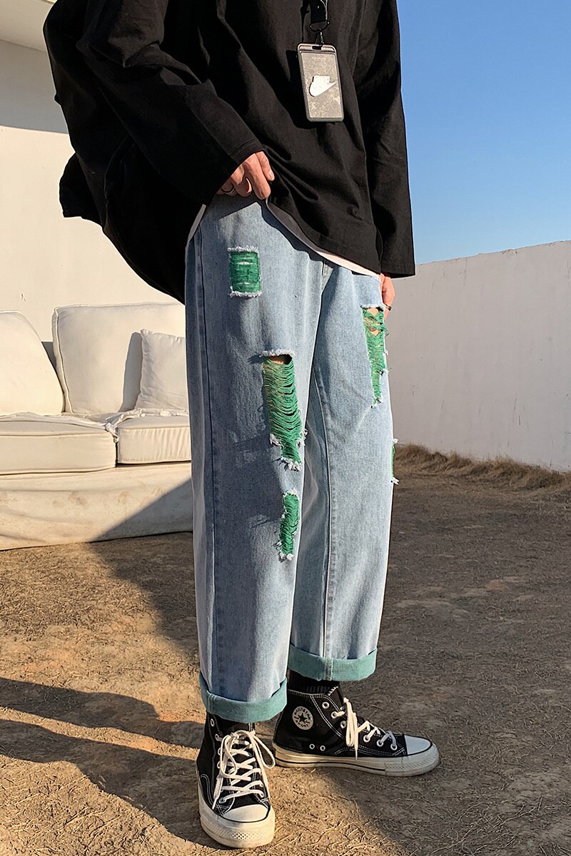 Ripped jeans herre kontrastfarve afslappet hul jeans bukser mænd streetwear løs hip hop straight denim bukser herre: Grøn / S