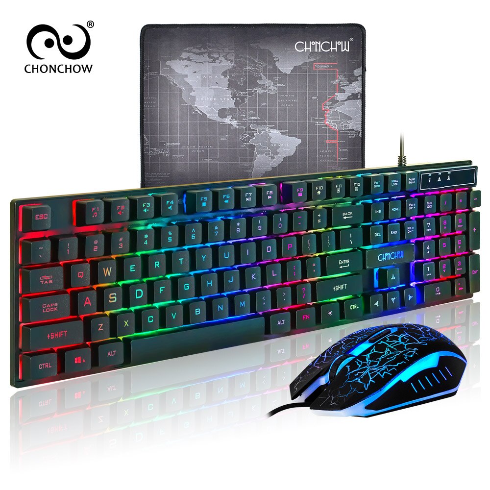 Gaming tangentbord och mus combo led andning bakgrundsbelyst usb trådad full key färgglad mus 3200 dpi mekanisk känsla: Svart