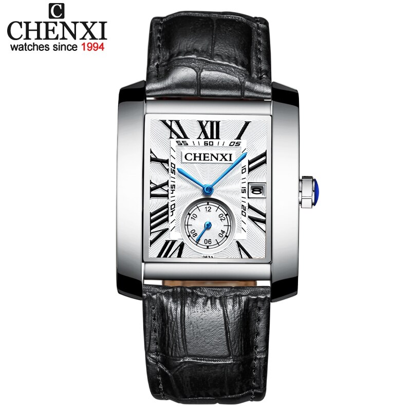 Chenxi firkantet ur herreure analoge kvarts armbåndsure herre læder vandtæt dato kronograf montre homme: Sort hvid