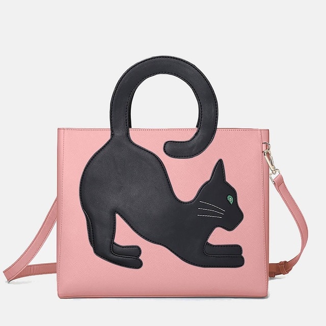 Sac à main femme motif chat sac à bandoulière femme queue de chat sac à main à motifs sac à bandoulière en cuir PU sac messager à fermeture éclair porte-documents: Pink
