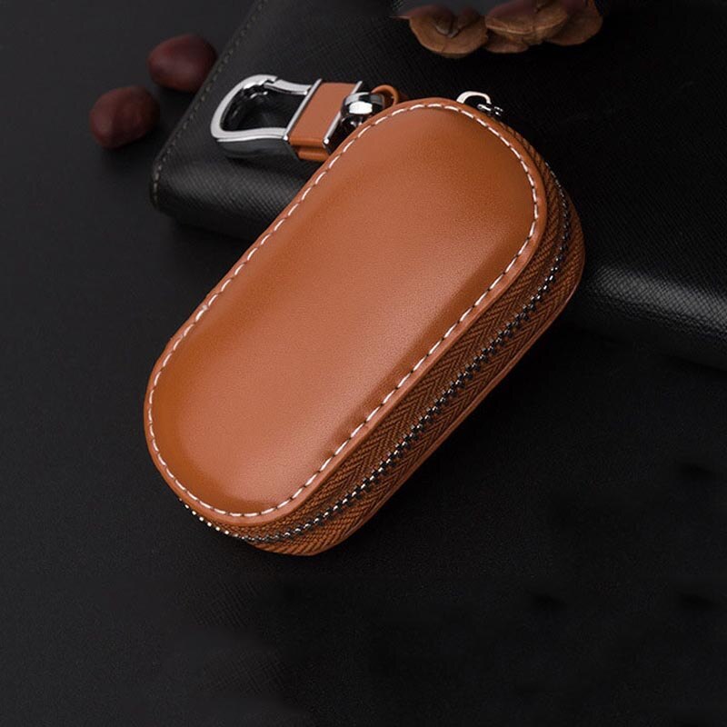 Auto Key Bag Case Wallet Holder Keten Sleutel Portemonnee Ring Collector Huishoudster Pocket Key Organizer Smart Lederen Sleutelhanger: Light Brown