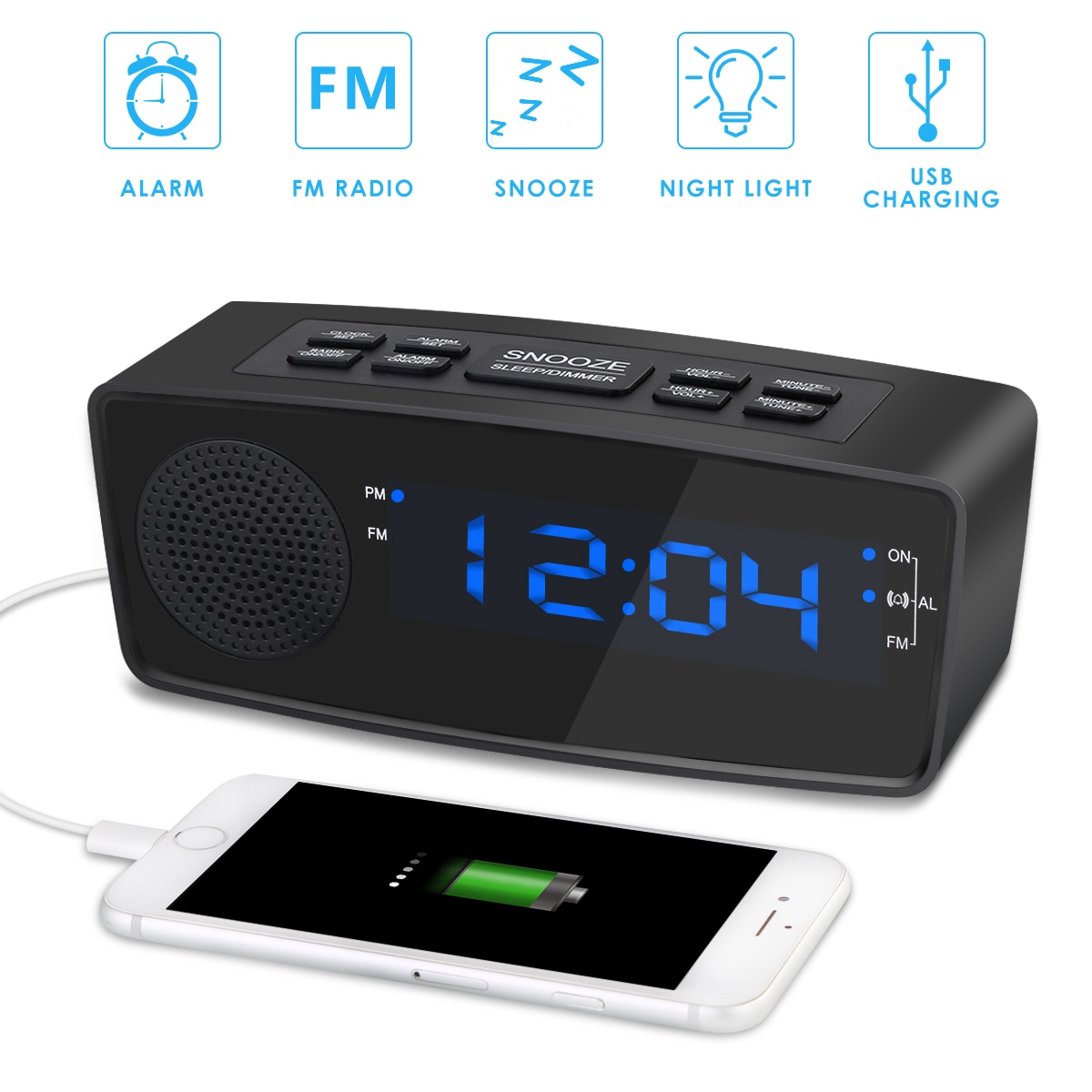 FM Alarm Radio Dimmable LED Display Screen Clock Radio Battery Backup with USB Charging Port Sleep Timer & Snooze Mode