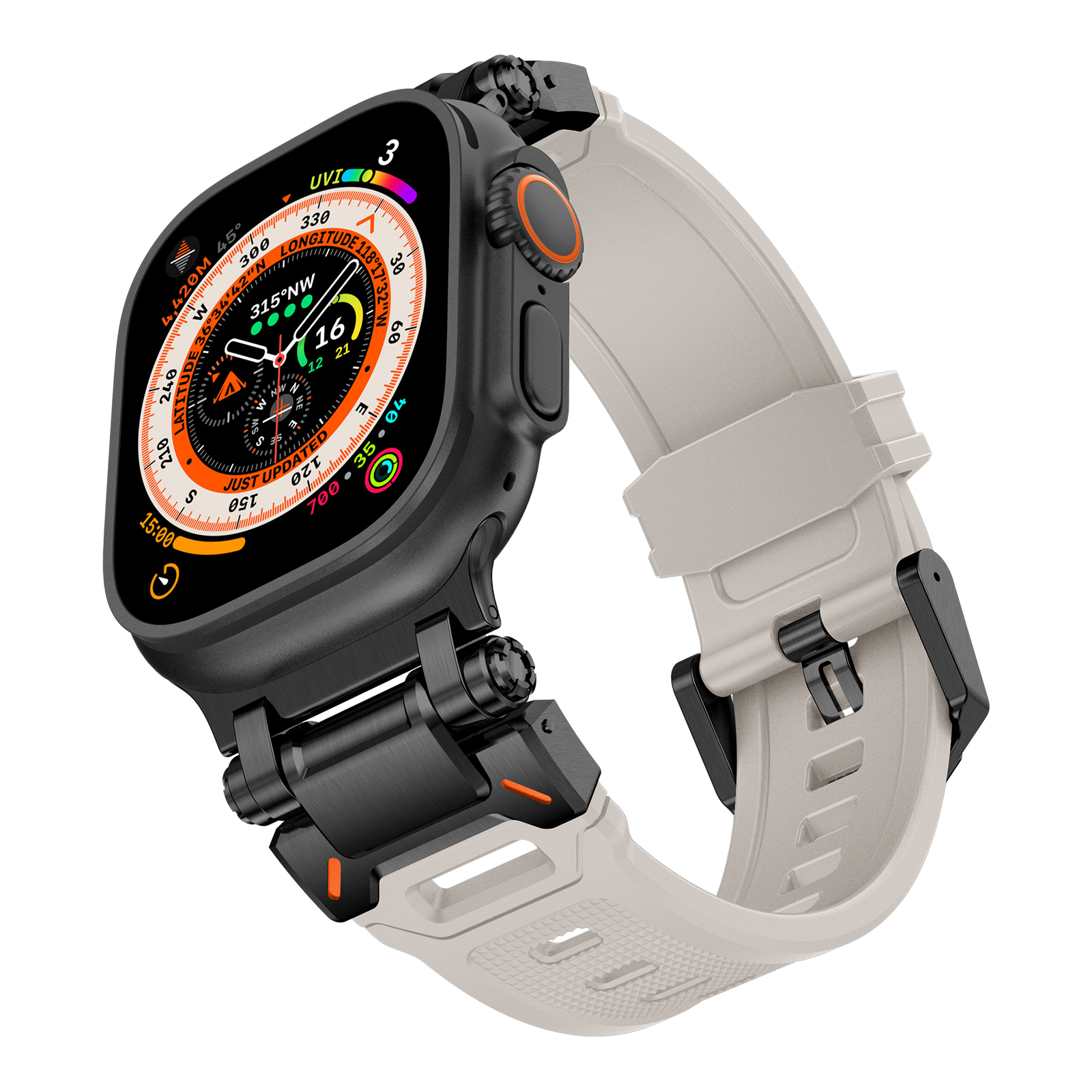 Bracelet en Silicone pour Apple Watch Ultra 2, 49mm 45mm 42mm, métal robuste + Bracelet en caoutchouc, iWatch série 10 9 6 5 7 8 SE, 44mm: Argent blanc / 20mm