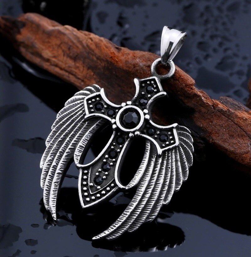 Colgante de pluma de piedra de 3 colores para hombre, Cruz de Cruz con alas dobles de acero inoxidable, Punk, tendencia de clásica