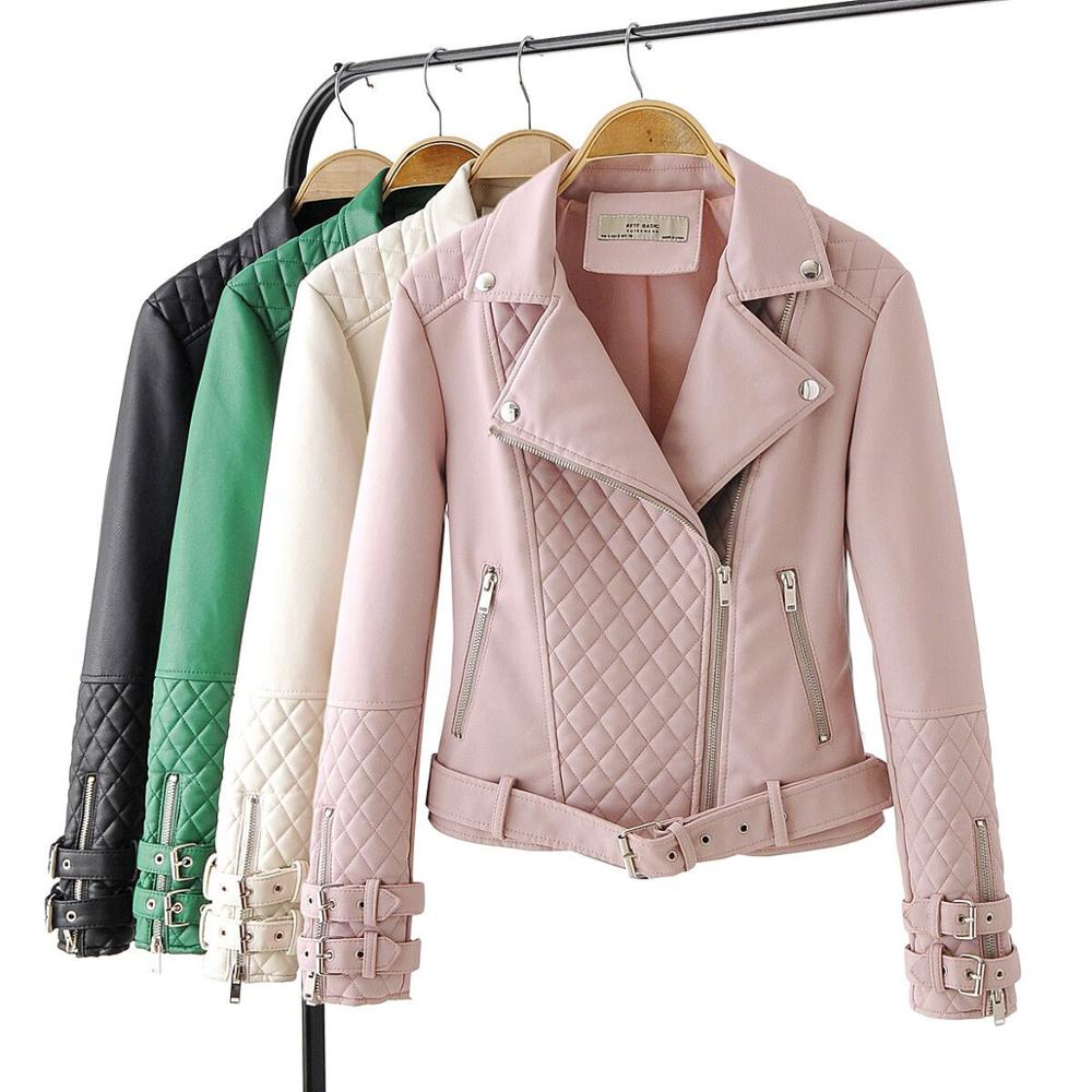 Women Spring Autumn Soft Faux Leather Jackets Lady Motorcyle Zippers Biker Pink Coats Black Outerwear
